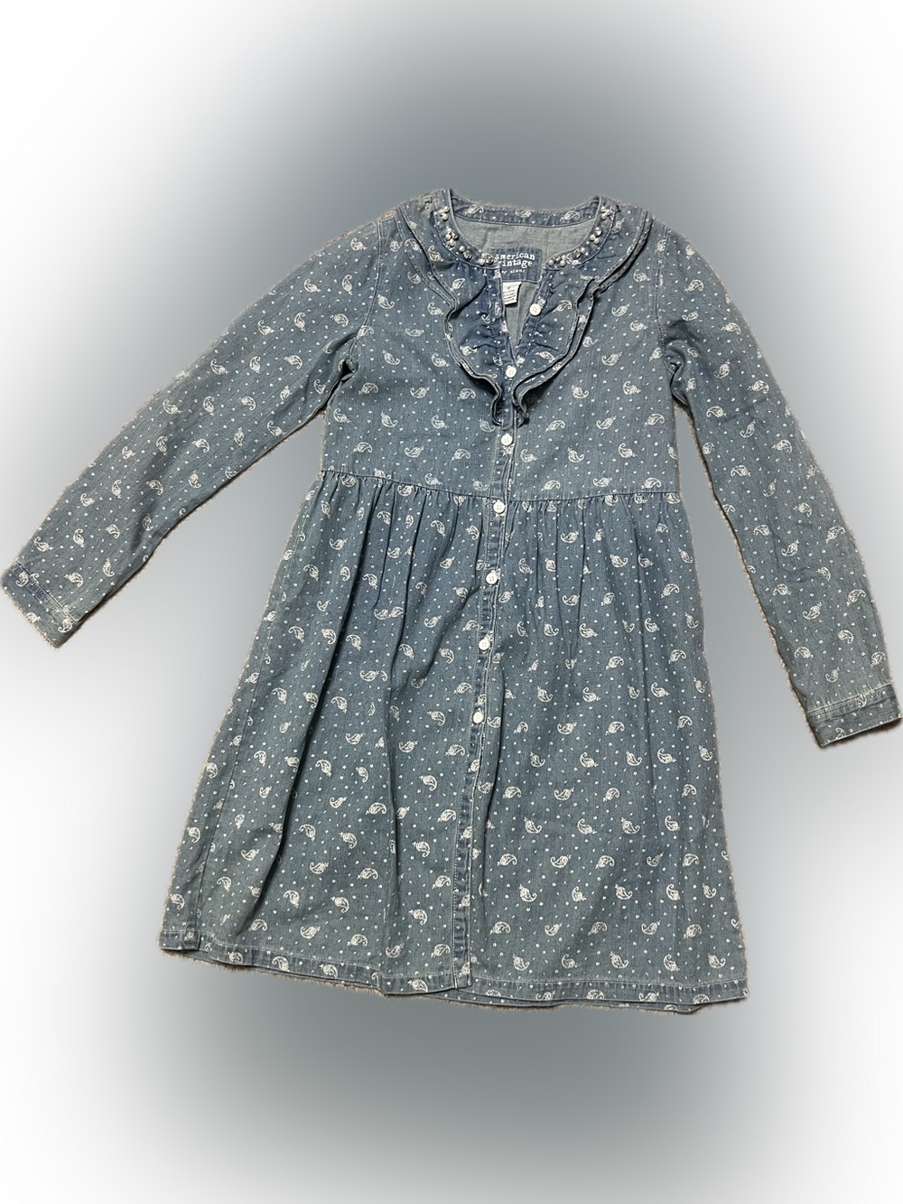 American Vintage Denim-Look Blue Paisley Ruffle Button Dress